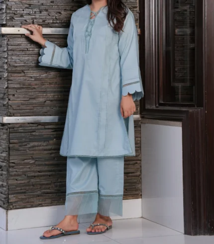 Ice-Blue lawn dress 2pcs (OCEAN GREY)