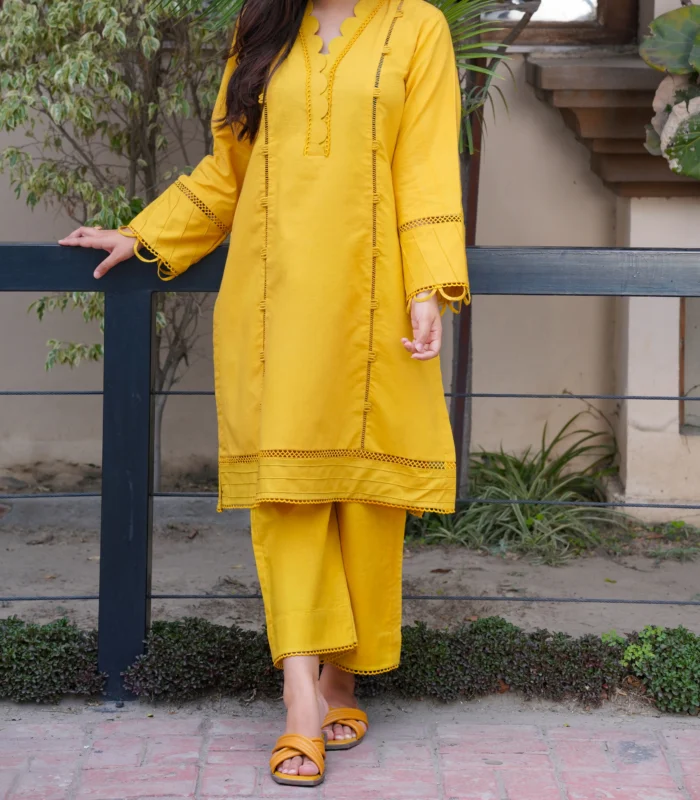 Yellow lawn dress 2 pcs (Mustard Yellow) - Image 5