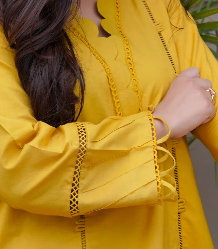 Yellow lawn dress 2 pcs (Mustard Yellow) - Image 7