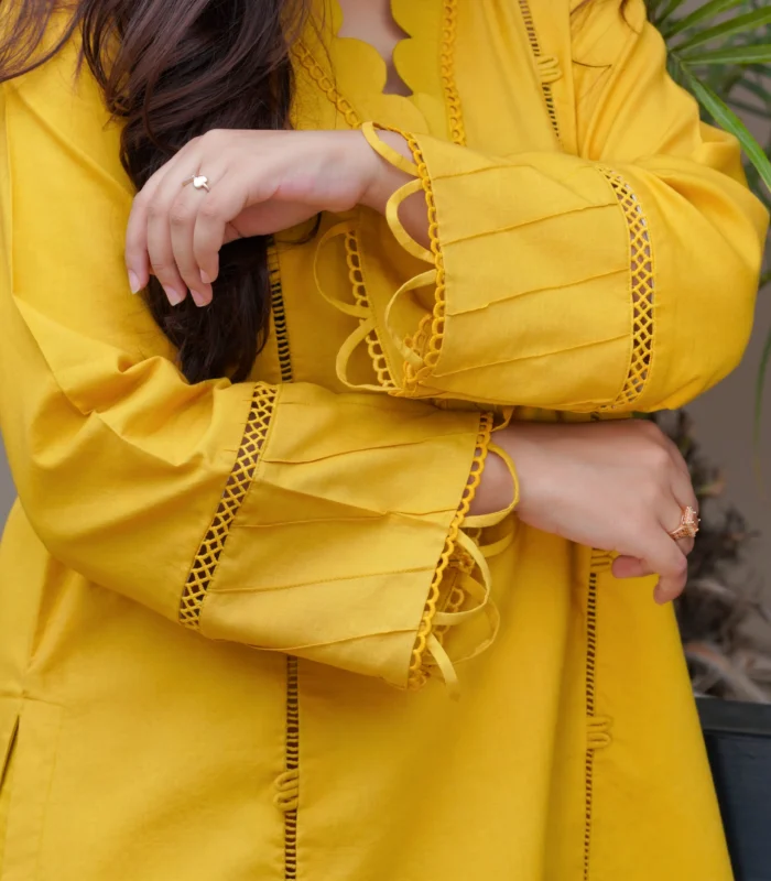 Yellow lawn dress 2 pcs (Mustard Yellow) - Image 9