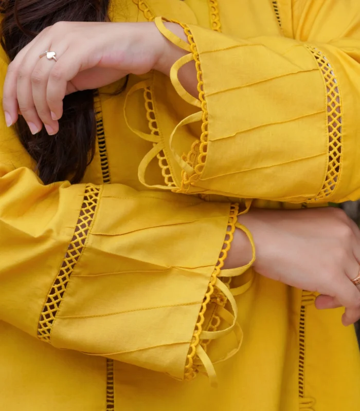 Yellow lawn dress 2 pcs (Mustard Yellow) - Image 10