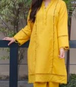 Yellow lawn dress 2 pcs (Mustard Yellow) - Image 3