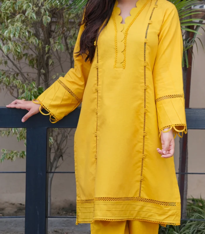 Yellow lawn dress 2 pcs (Mustard Yellow) - Image 3