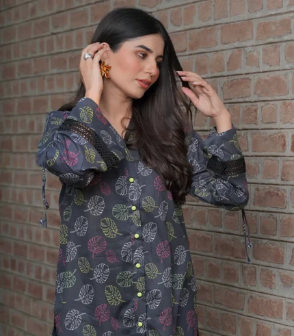 Black Leaf Printed Casual Lawn Shirt