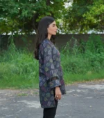 Black Leaf Printed Casual Lawn Shirt - Image 4