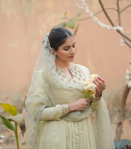 Shop with Namra is offering pastel green embroidery formal dress in latest festive collection 2024