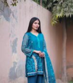Shop with Namra is offering tea blue Pakistani formal organza dress in latest festive collection 2024
