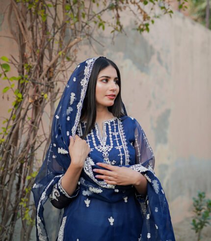 Shop with Namra is offering navy blue embroidery formal dress in latest festive collection 2024
