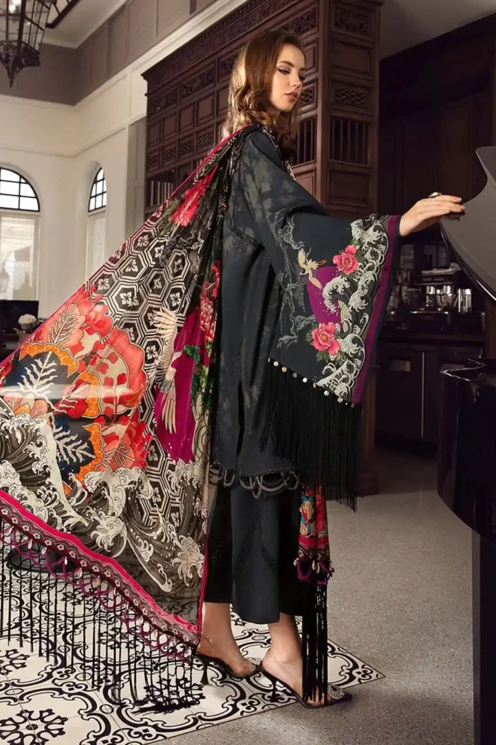 Lawn Printed Shirt Voile Printed Dupatta Lawn Printed Trouser Organza Embroidered Patch Unstitched 3PC Dress