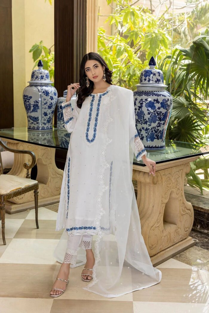 AZURE Lawn 3PC Embroidered With Organza Embroidered Dupatta-390 - Image 3