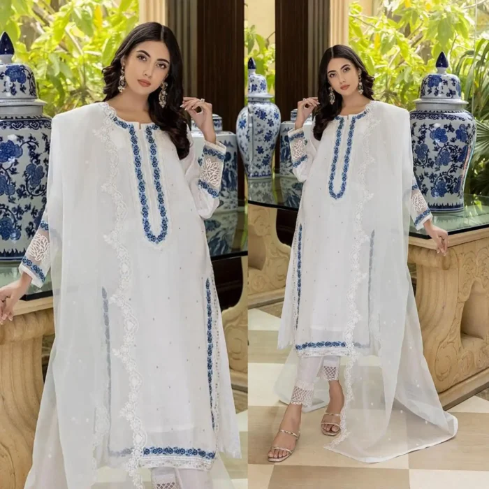 AZURE Lawn 3PC Embroidered With Organza Embroidered Dupatta-390 - Image 1