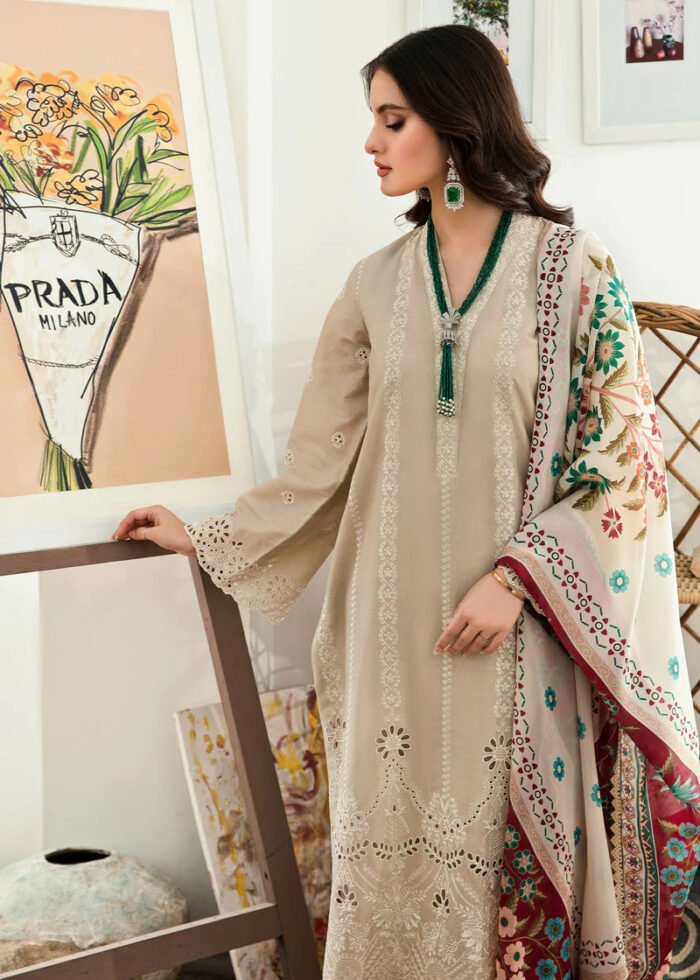 Nam's Lawn 3PC Chickenkari Embroidered Shirt With Print Shawl-323 - Image 4