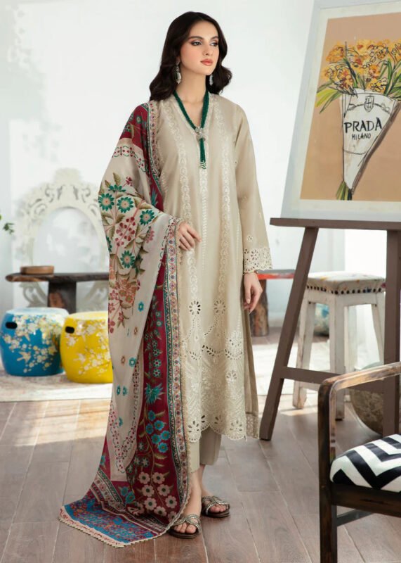 Shop with Namra is offering Lawn 3PC Chickenkari Embroidered Shirt With Print Shawl 323 4 in latest clothing collection 2024