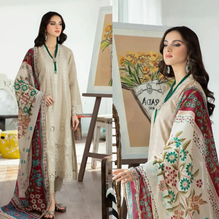 Nam's Lawn 3PC Chickenkari Embroidered Shirt With Print Shawl-323 - Image 1