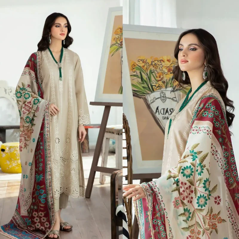 Shop with Namra is offering Lawn 3PC Chickenkari Embroidered Shirt With Print Shawl 323 in latest clothing collection 2024
