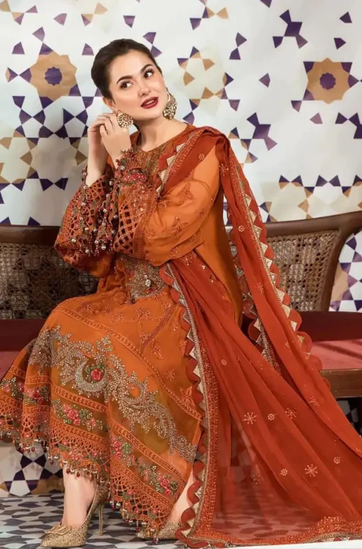 Shop with Namra is offering MARIA B 3PC LAWN EMBROIDERED WITH CHIFFON EMBROIDERED DUPATTA 411 1 in latest clothing collection 2024
