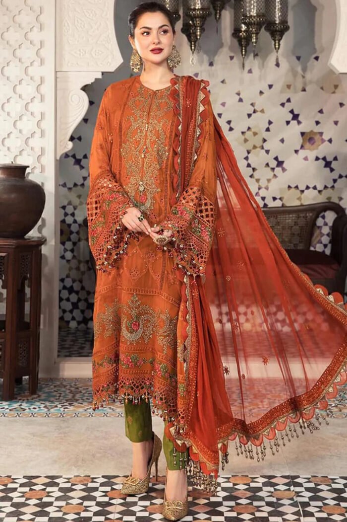 MARIA-B 3PC LAWN EMBROIDERED WITH CHIFFON EMBROIDERED DUPATTA-411 - Image 3