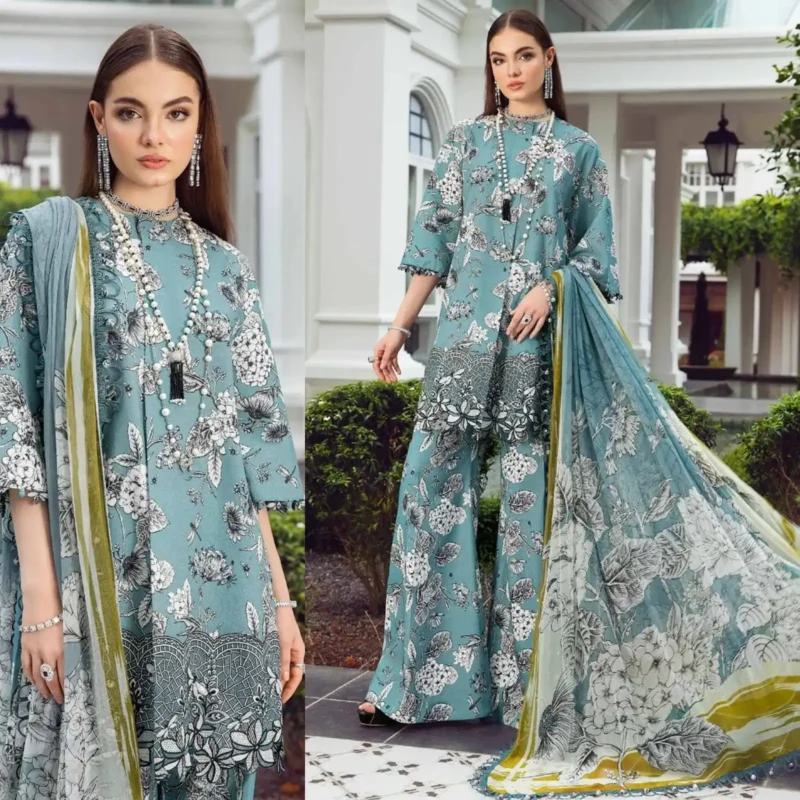 Shop with Namra is offering MARIA B 3PC Lawn Printed Shirt With Printed Dupatta And Trouser 772 1 in latest clothing collection 2024