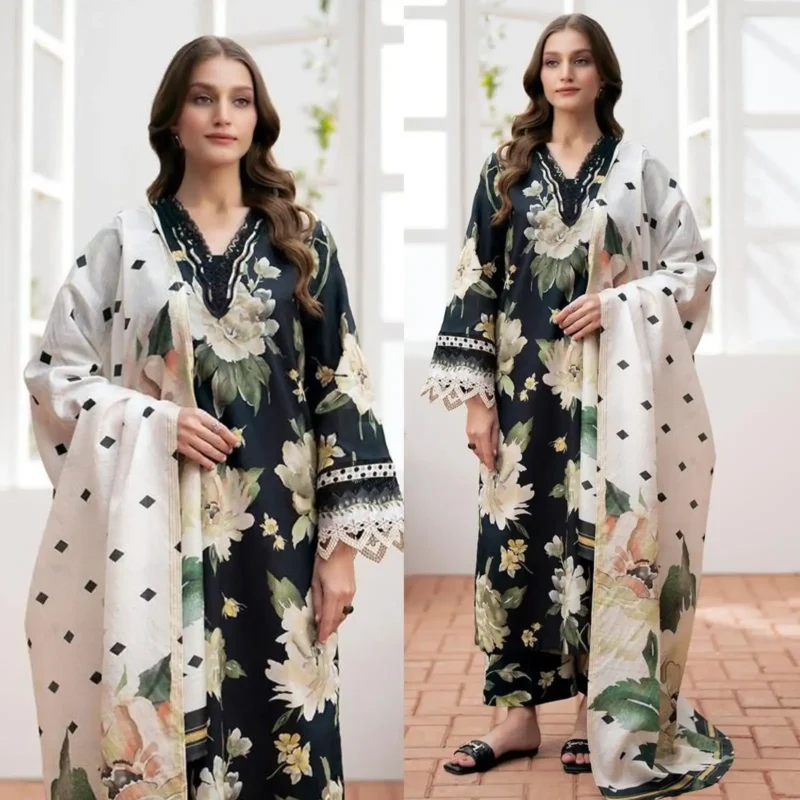 Shop with Namra is offering BAROQUE 3PC Lawn Printed Shirt With Voile Printed Dupatta 782 1 in latest clothing collection 2024