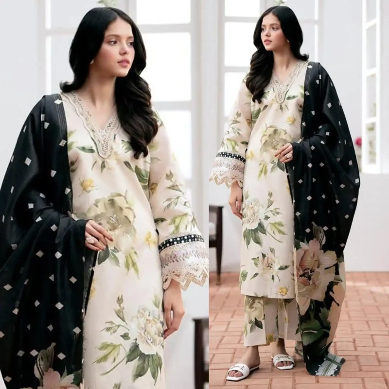 Shop with Namra is offering BAROQUE 3PC Lawn Printed Shirt With Voile Printed Dupatta 785 in latest clothing collection 2024