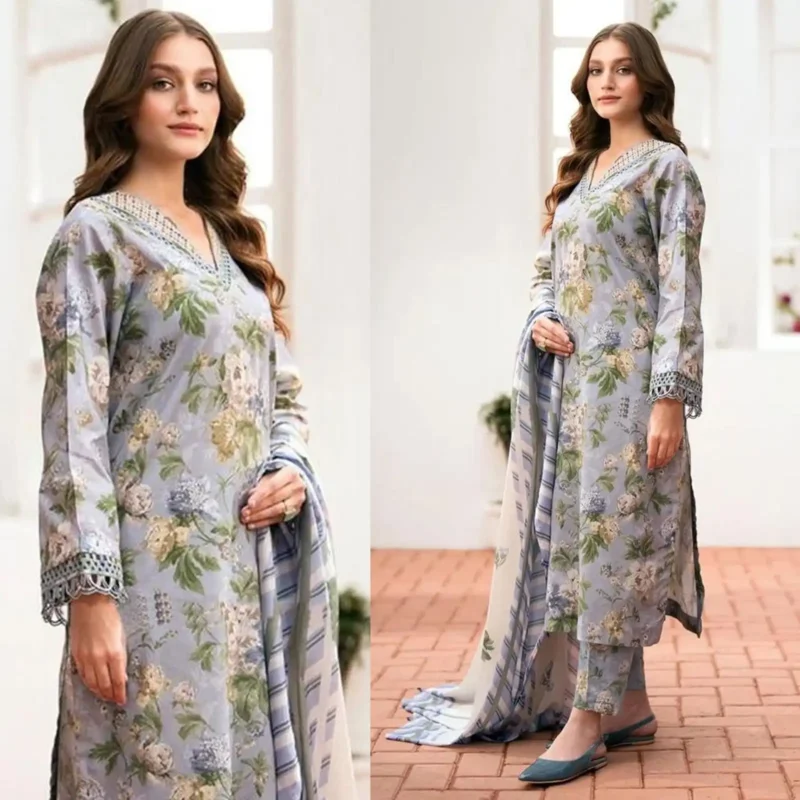 Shop with Namra is offering BAROQUE 3PC Lawn Printed Shirt With Voile Printed Dupatta 787 in latest clothing collection 2024