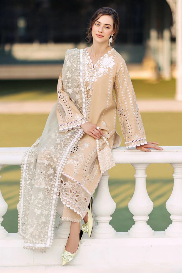 MUSHQ 3PC Lawn Chekankari Embroidered With Organza Embroidered Dupatta-402 - Image 6