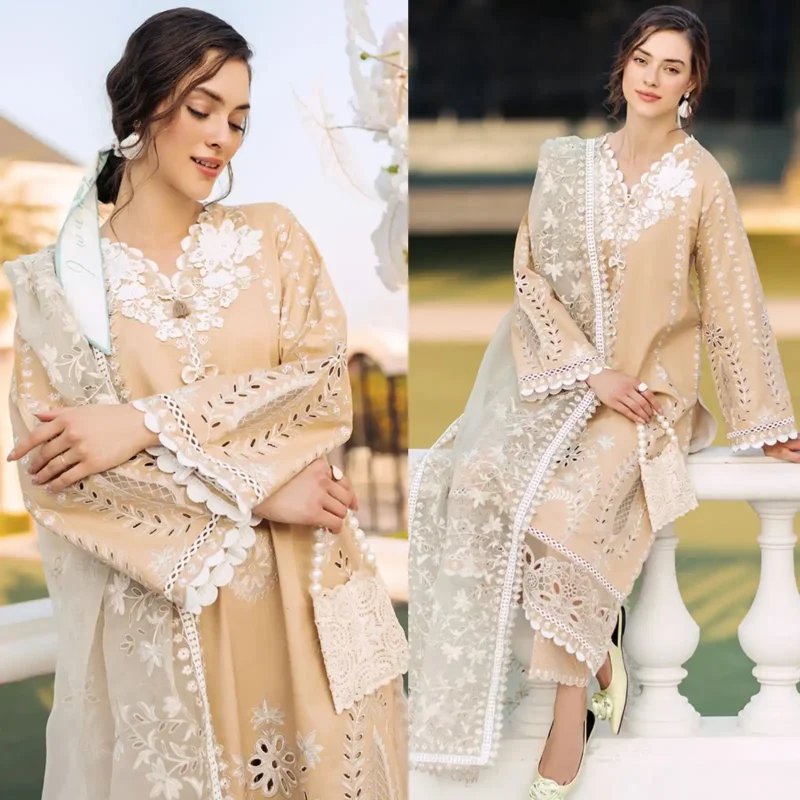 Shop with Namra is offering MUSHQ 3PC Lawn Chekankari Embroidered With Organza Embroidered Dupatta 402 in latest clothing collection 2024