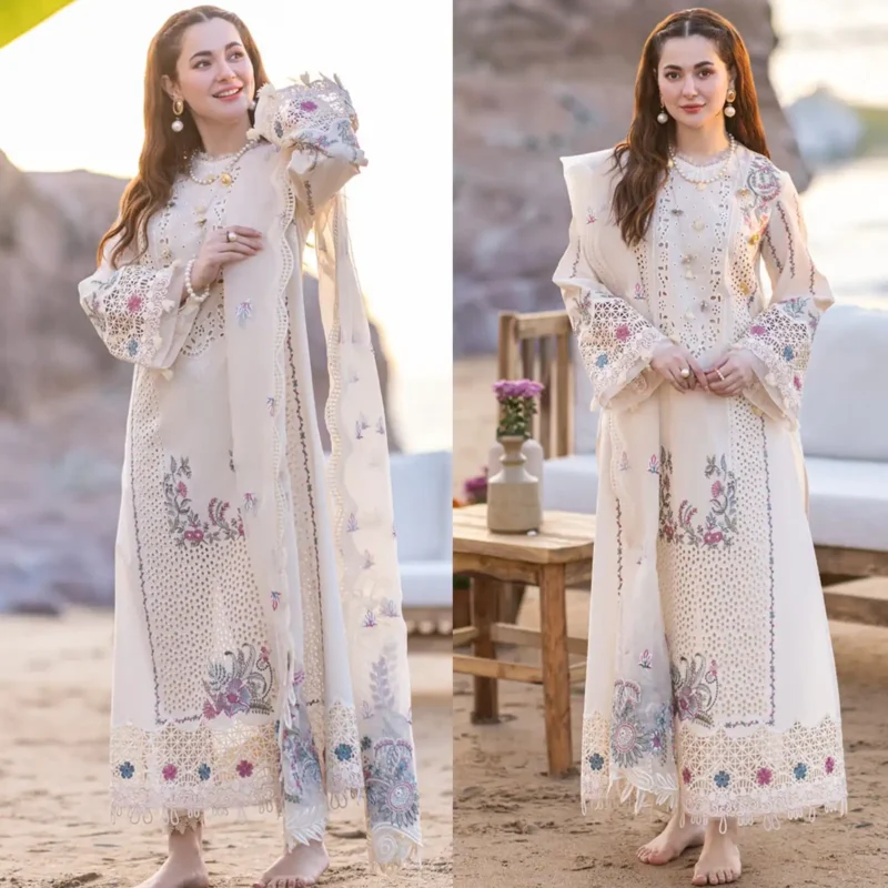 Shop with Namra is offering QALAMKAR Chikenkari Lawn 3PC Embroidered With Organza Embroidered Dupatta 455 in latest clothing collection 2024