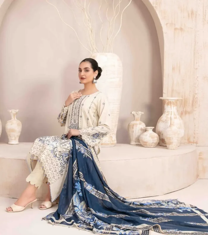 Nam's 3PC Lawn Chekankari Embroidered With Printed Dupatta-438 - Image 3