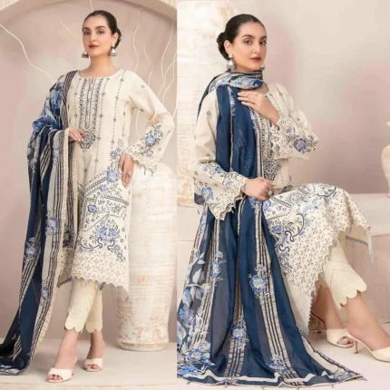 Nam's 3PC Lawn Chekankari Embroidered With Printed Dupatta-438