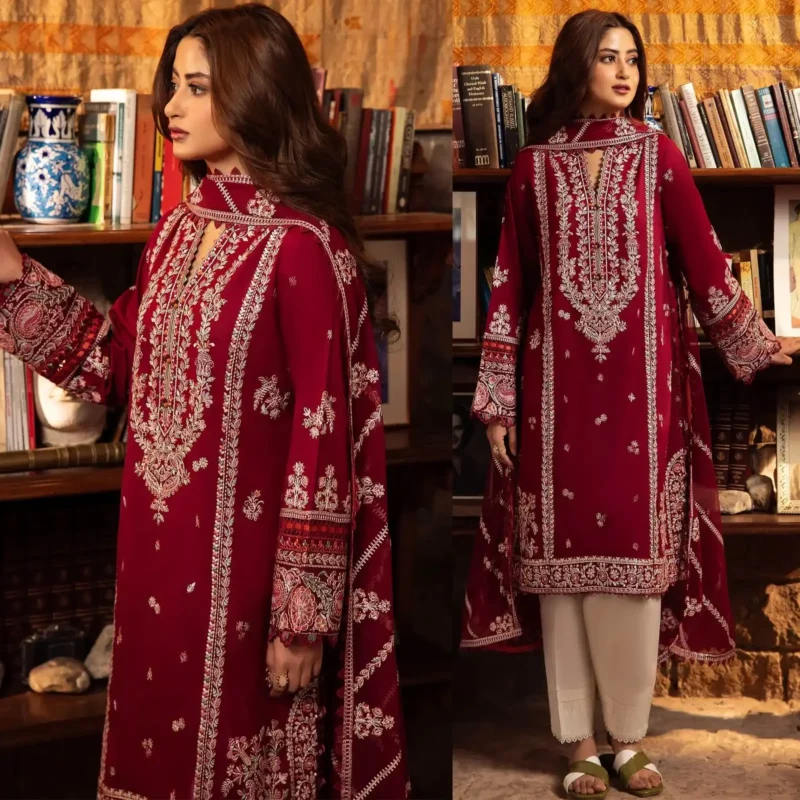 Shop with Namra is offering ZAHA 3PC Lawn Embroidered With Chiffon Embroidered Dupatta 452 1 in latest clothing collection 2024