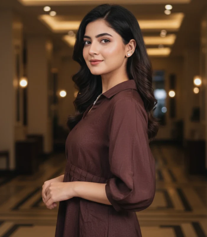 Revival Coffee Paper Silk Dress Collared Frock Style - Image 6