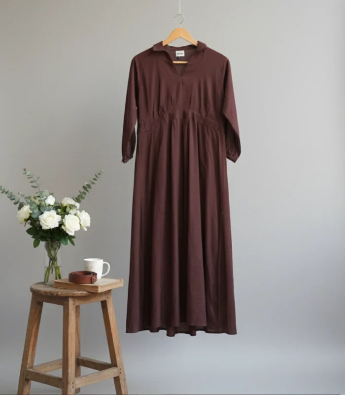 Revival Coffee Paper Silk Dress Collared Frock Style - Image 4