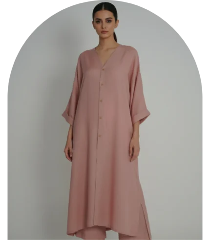Pastel Pink Rayon Viscose 2 Piece Suit Long Straight Shirt