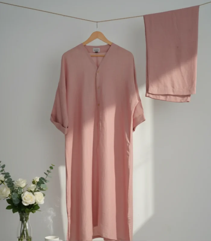 Pastel Pink Rayon Viscose 2 Piece Suit Long Straight Shirt