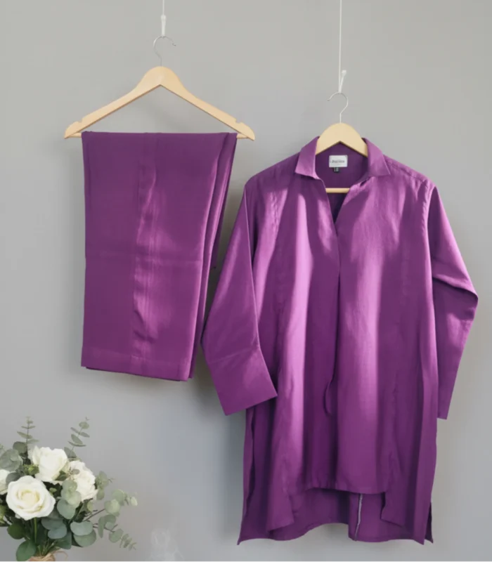 Plum Staple Silk 2 Piece Suit High-Low Collared Shirt