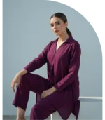 Plum Staple Silk 2 Piece Suit High-Low Collared Shirt
