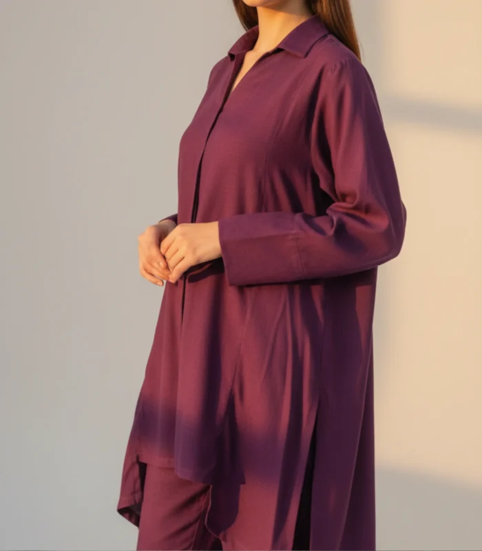 Plum Staple Silk 2 Piece Suit High-Low Collared Shirt