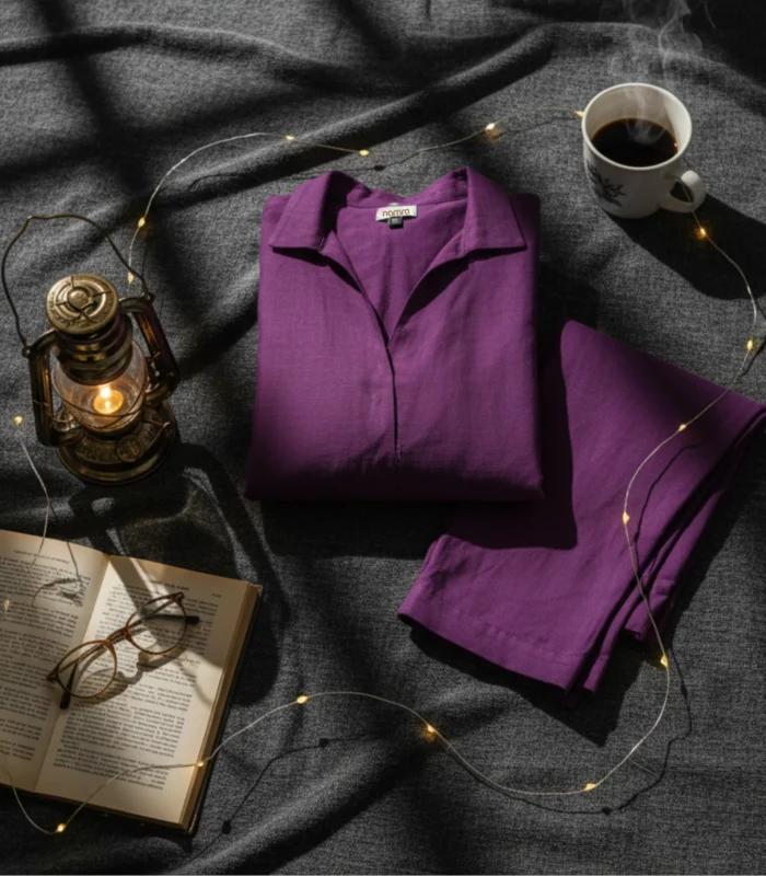Plum Staple Silk 2 Piece Suit High-Low Collared Shirt