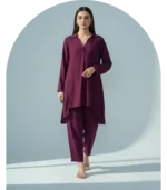 Plum Staple Silk 2 Piece Suit High-Low Collared Shirt