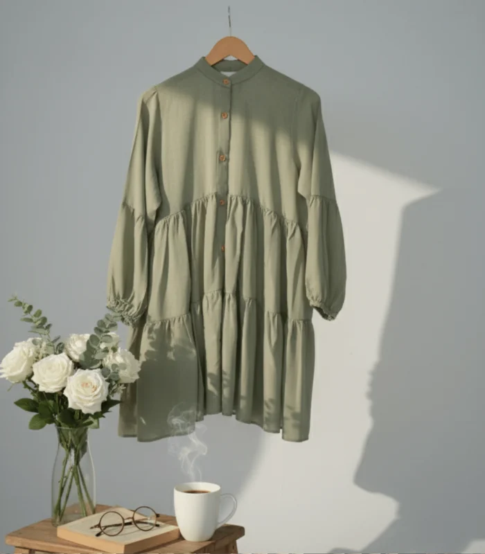 Sage Green Rayon Viscose 2 Piece Set Short Frock Top