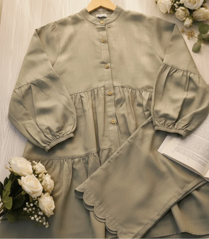 Sage Green Rayon Viscose 2 Piece Set Short Frock Top