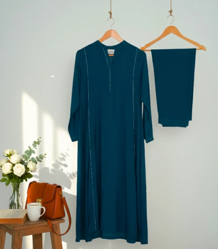 Teal Blue Staple Silk 2 Piece Suit Maxi Long Shirt